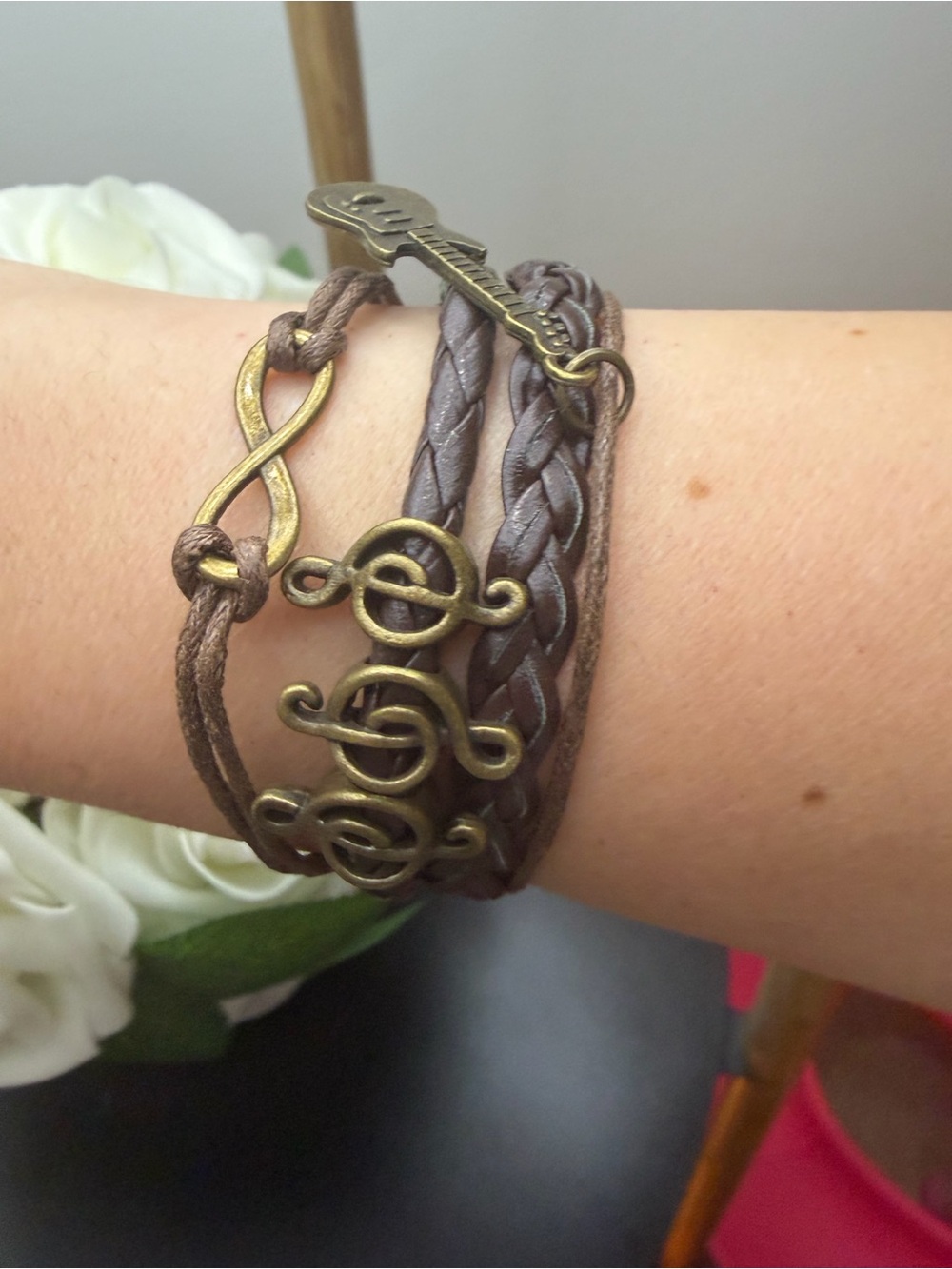 Brown Faux Leather Music Charm Wrap Bracelet